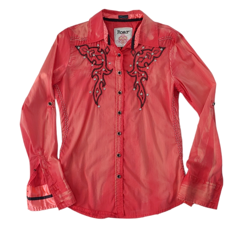 ROAR Western Button Down Shirt Embellished Distressed Coral Women's Med